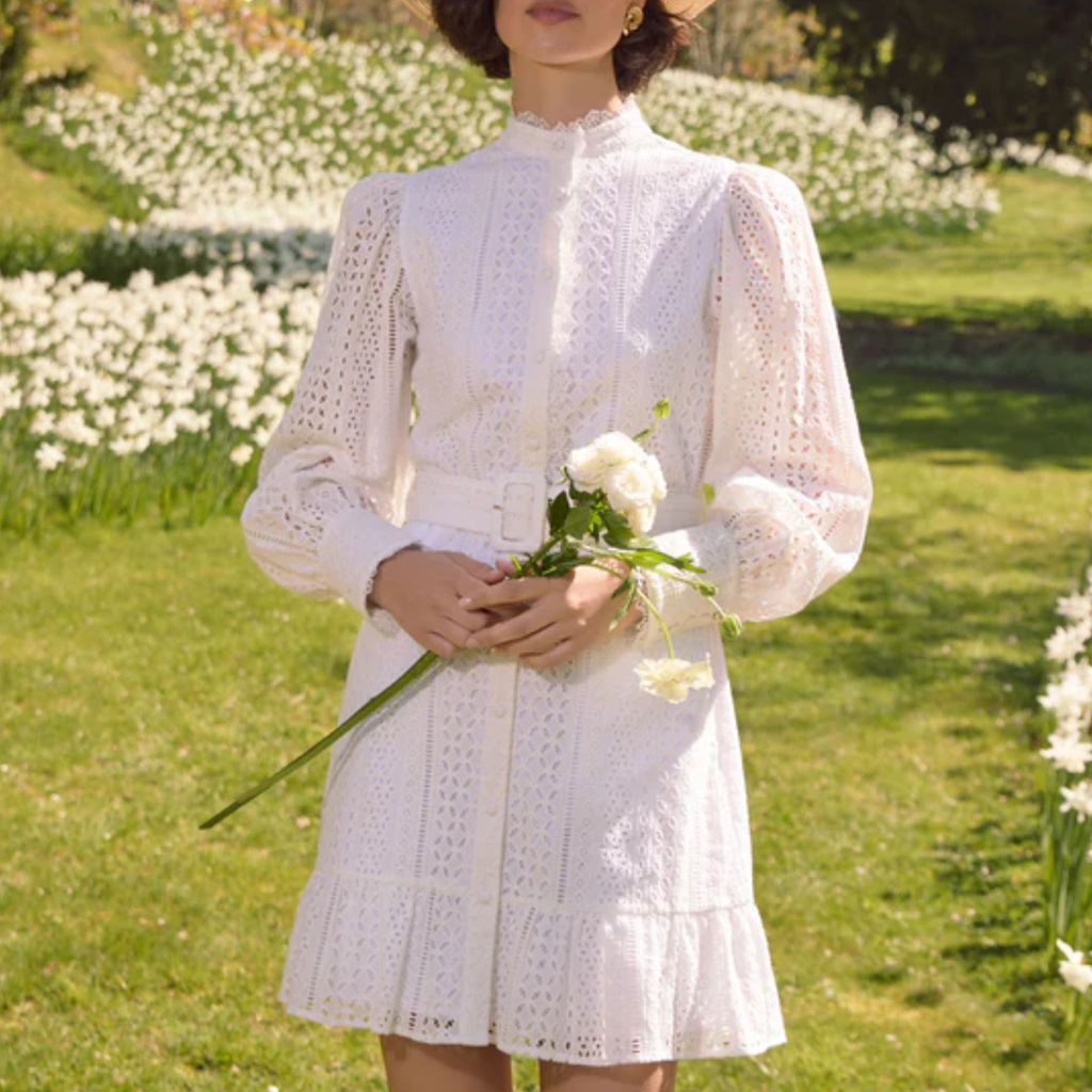 Holland Cooper Collarless Broderie Mini Dress - White