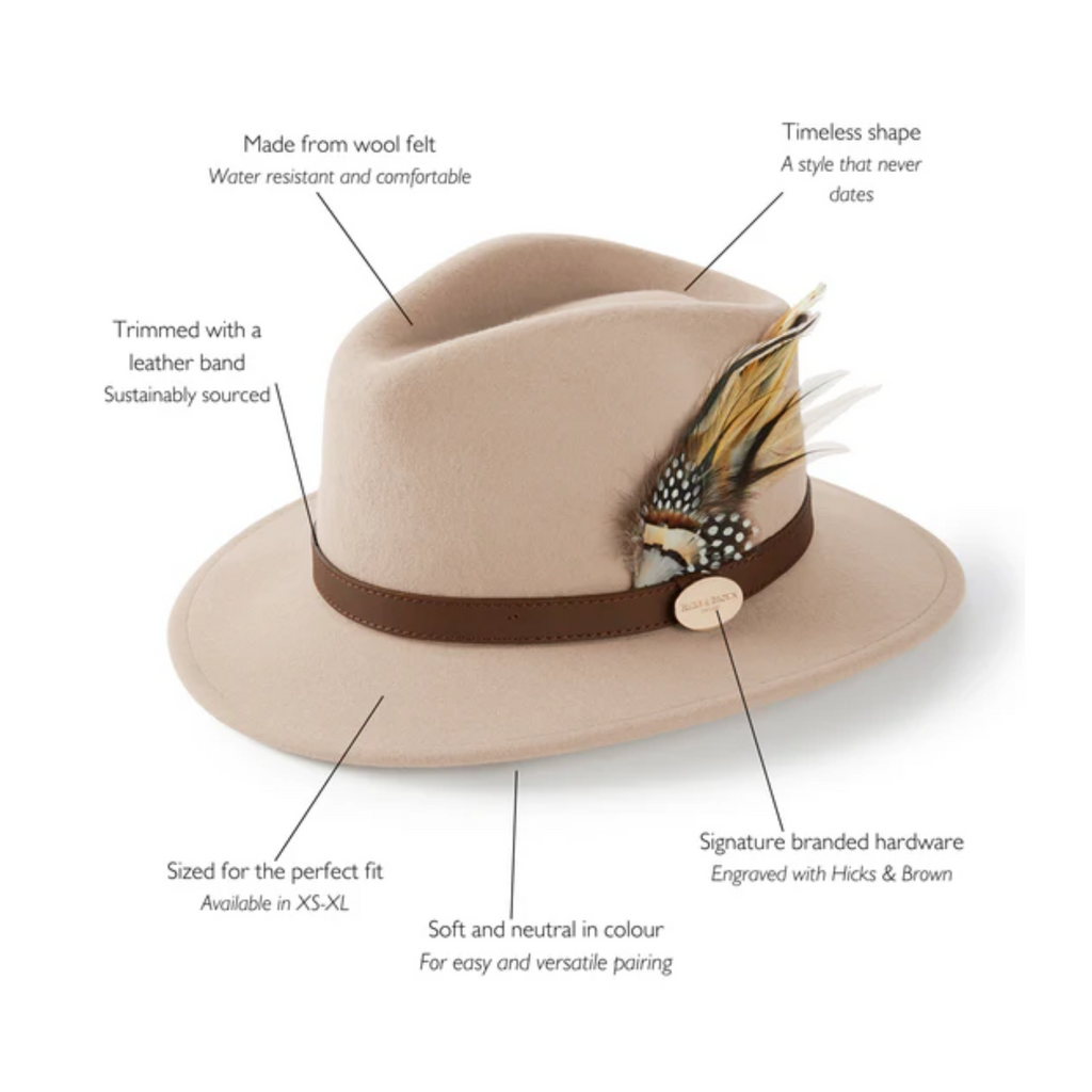 Hicks and Brown The Suffolk Fedora Fawn Feather Hat - Pebble