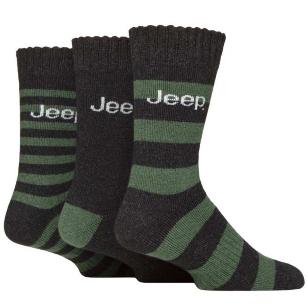 Jeep Mens Wool Blend Boot Sock 3 Pack - Black/Green