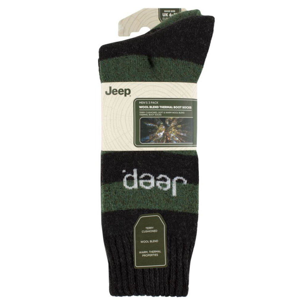 Jeep Mens Wool Blend Boot Sock 3 Pack - Black/Green