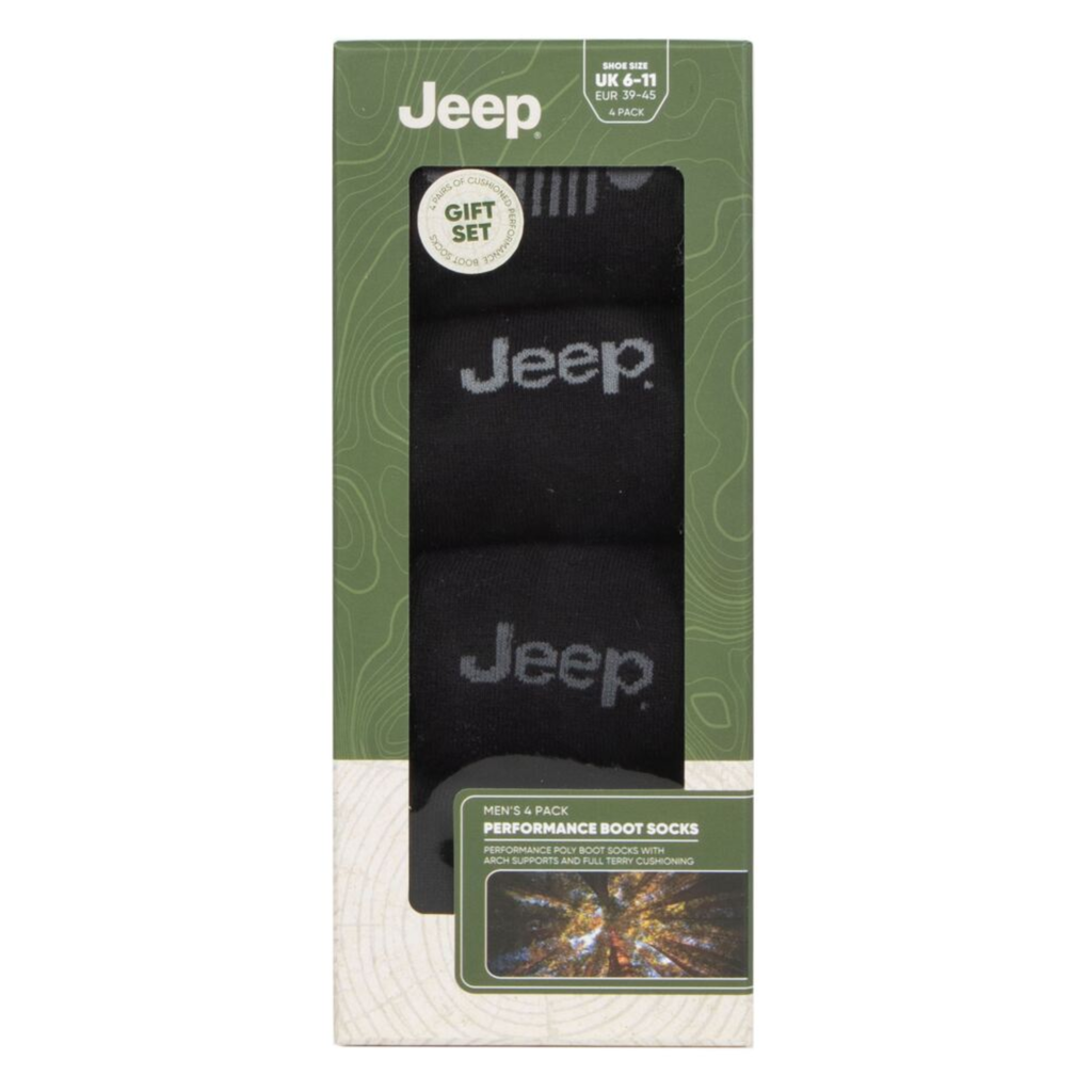Jeep Mens Performance Boot Sock Gift Box 4 Pack - Black/Charcoal