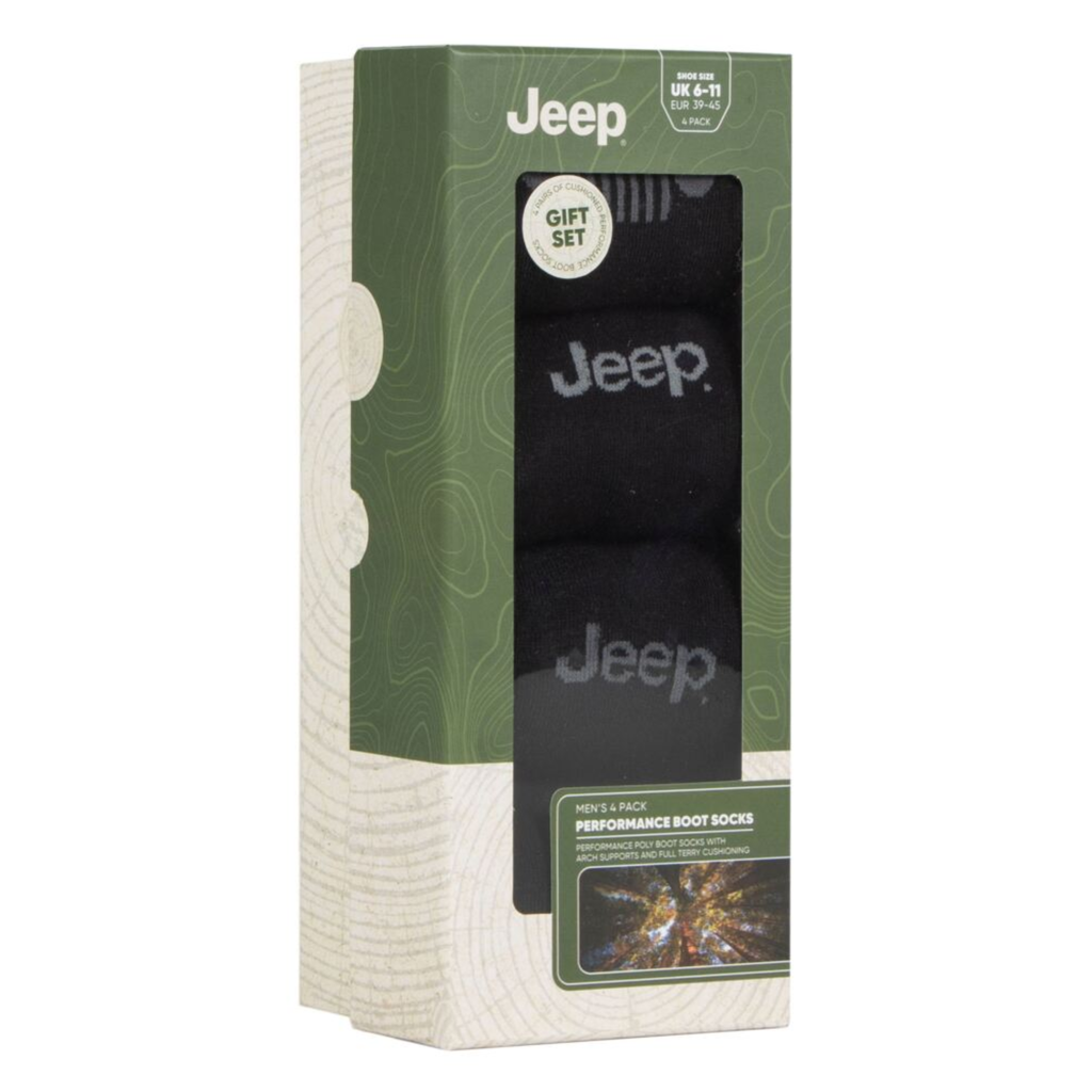 Jeep Mens Performance Boot Sock Gift Box 4 Pack - Black/Charcoal