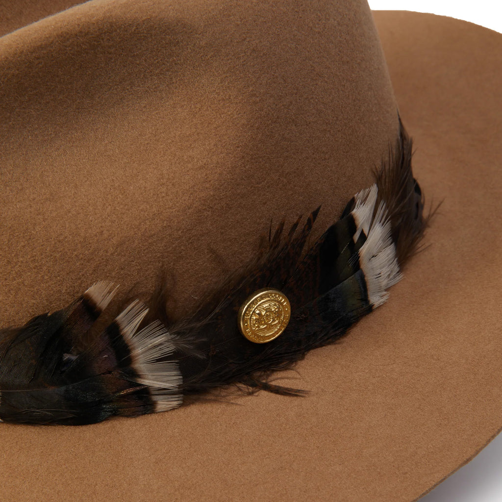Holland Cooper Trilby Hat Iridescent Feather Band - Camel
