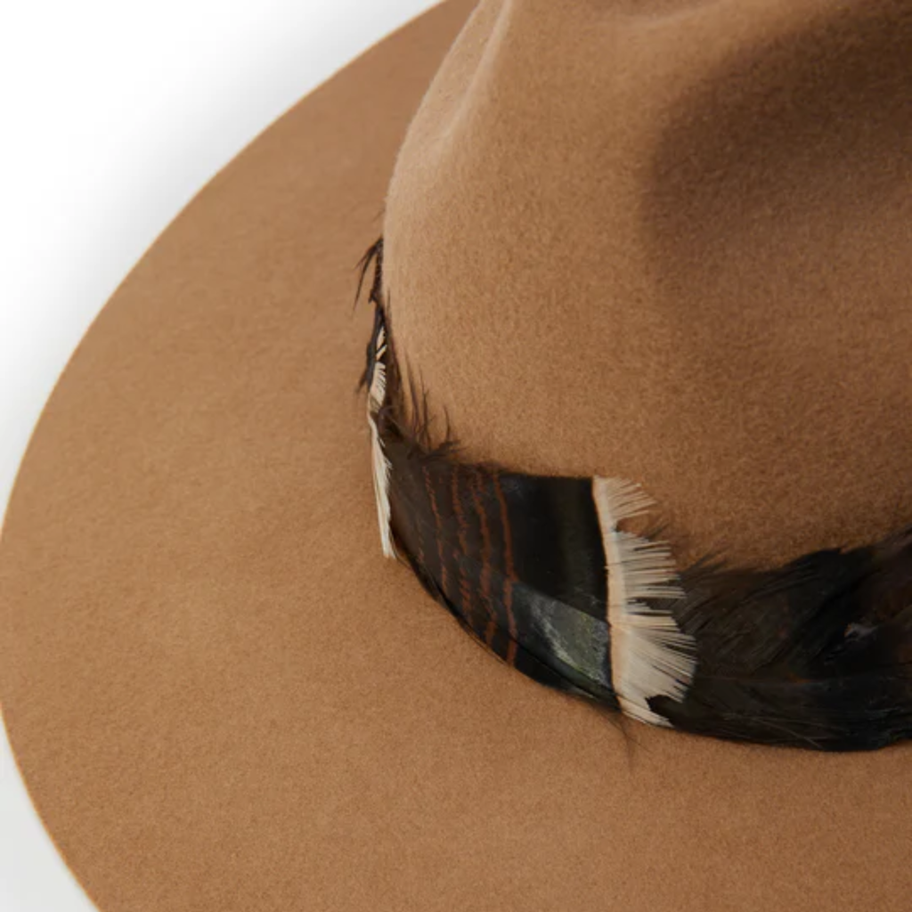 Holland Cooper Trilby Hat Iridescent Feather Band - Camel
