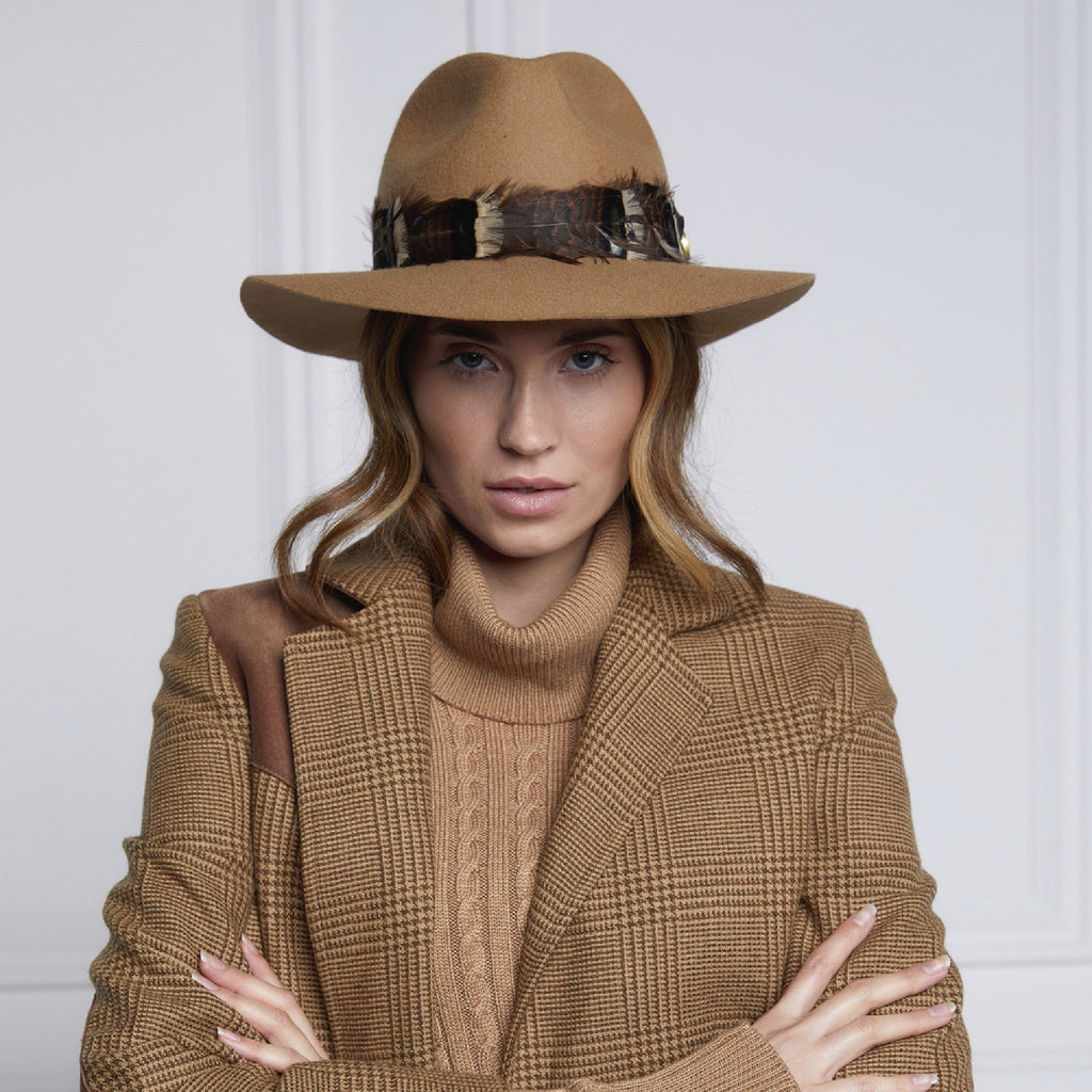 Holland Cooper Trilby Hat Iridescent Feather Band - Camel