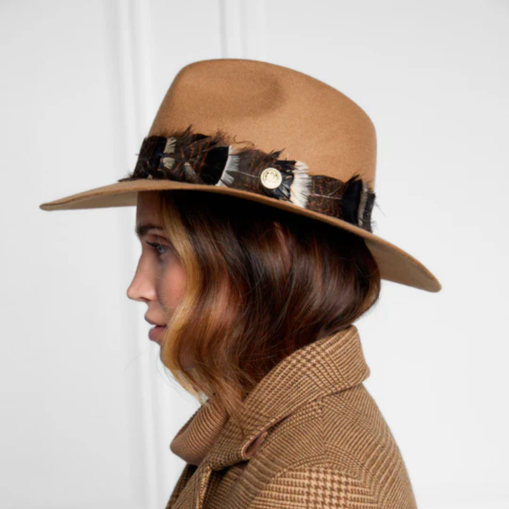 Holland Cooper Trilby Hat Iridescent Feather Band - Camel