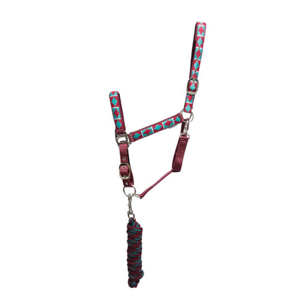 Hy Equestrian Woven Polo Head Collar And Lead Rope - Aqua/Fig
