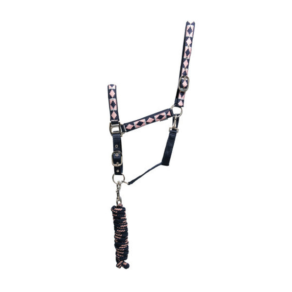 Hy Equestrian Woven Polo Head Collar And Lead Rope - Navy/Rose