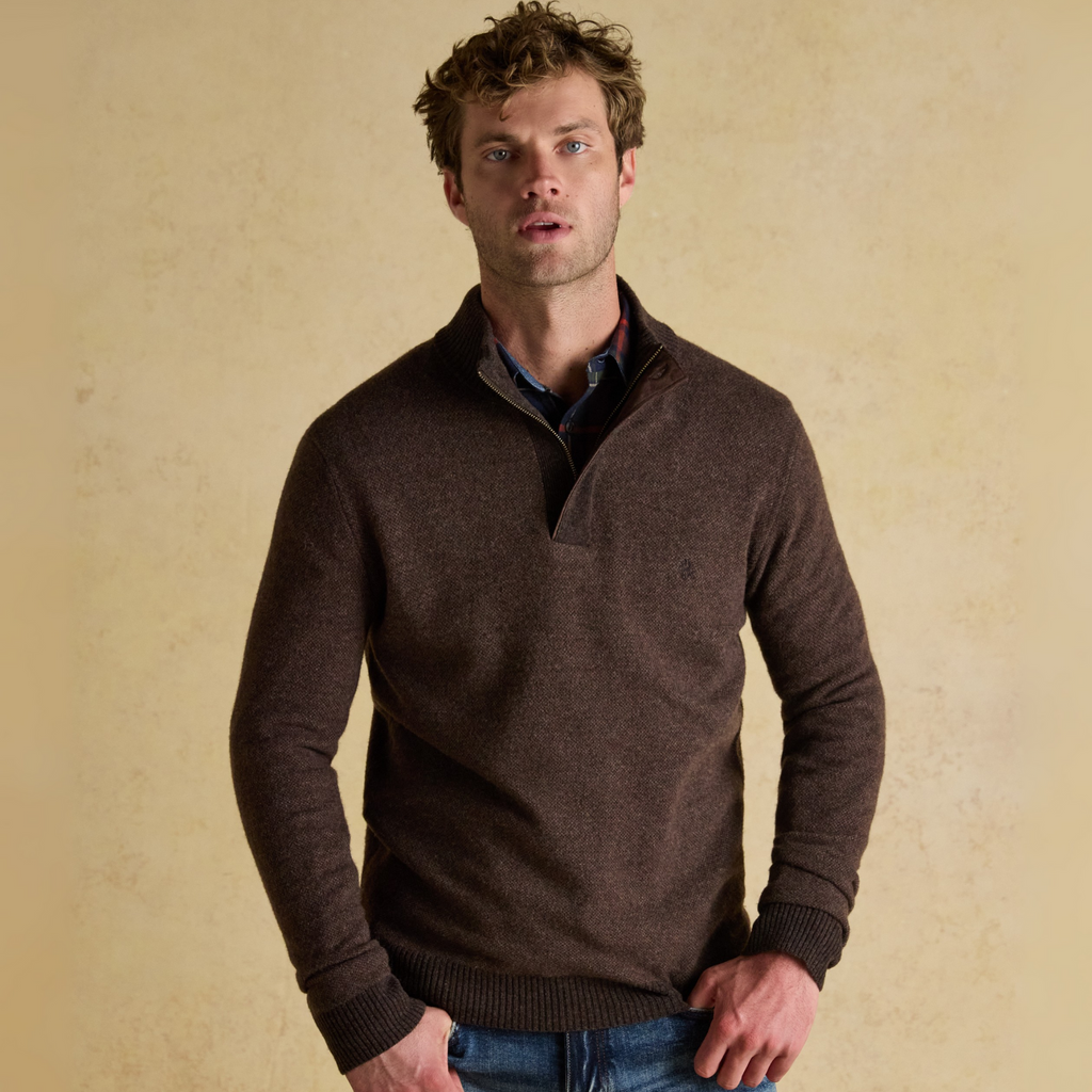 Joules Mens Highland Button 1/4 Zip Jumper - Brown