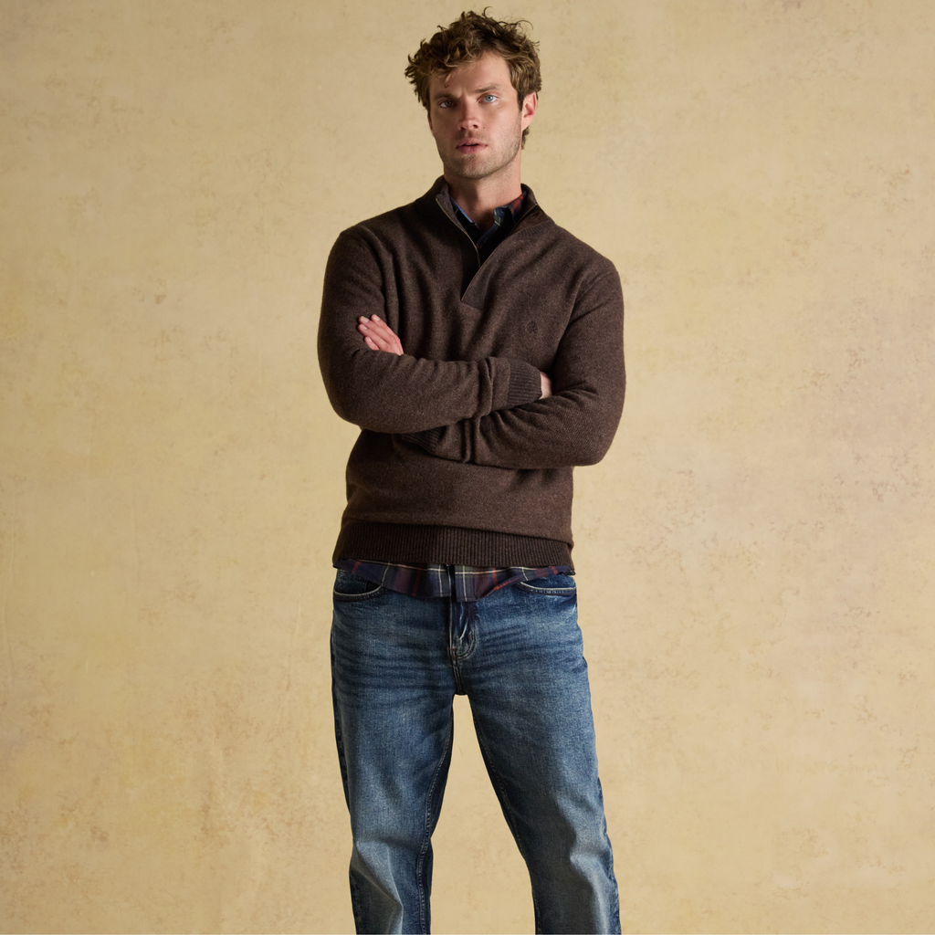 Joules Mens Highland Button 1/4 Zip Jumper - Brown