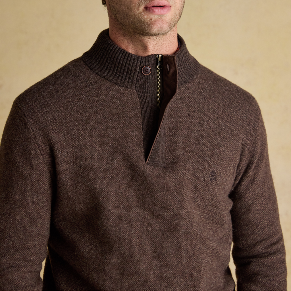 Joules Mens Highland Button 1/4 Zip Jumper - Brown