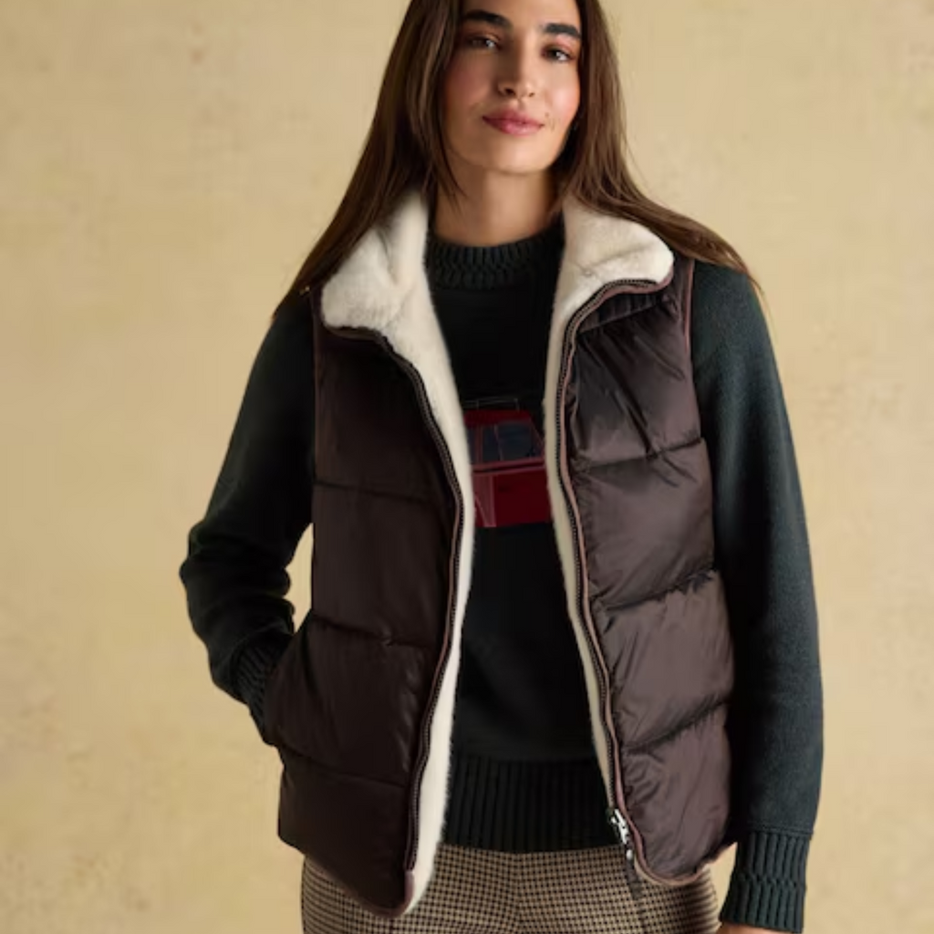 Joules Ladies Reversible Fur Gilet - Brown/Cream