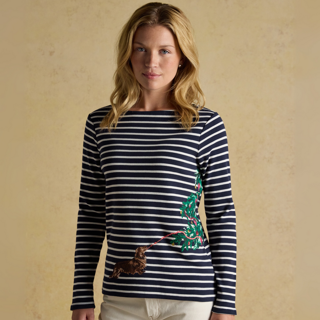 Joules Ladies Christmas Harbour Long Sleeved Top - Navy/White