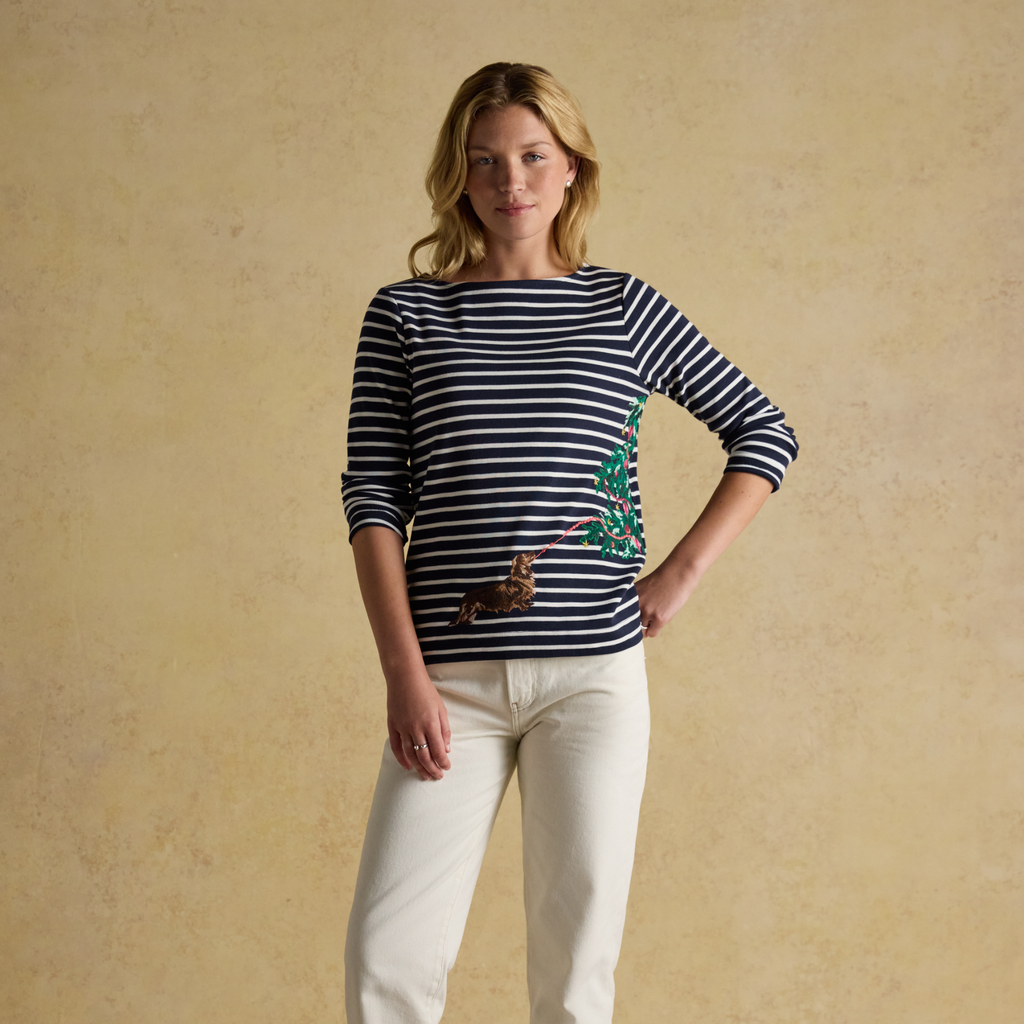 Joules Ladies Christmas Harbour Long Sleeved Top - Navy/White
