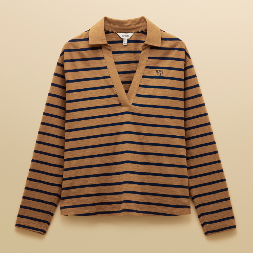 Joules Ladies Tallie Slub Long Sleeved Top - Tan/Navy