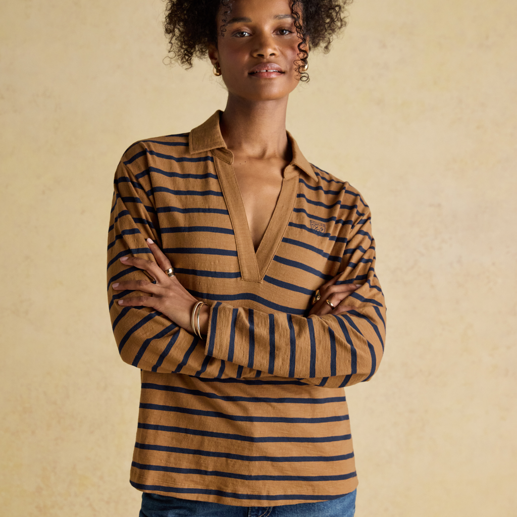 Joules Ladies Tallie Slub Long Sleeved Top - Tan/Navy