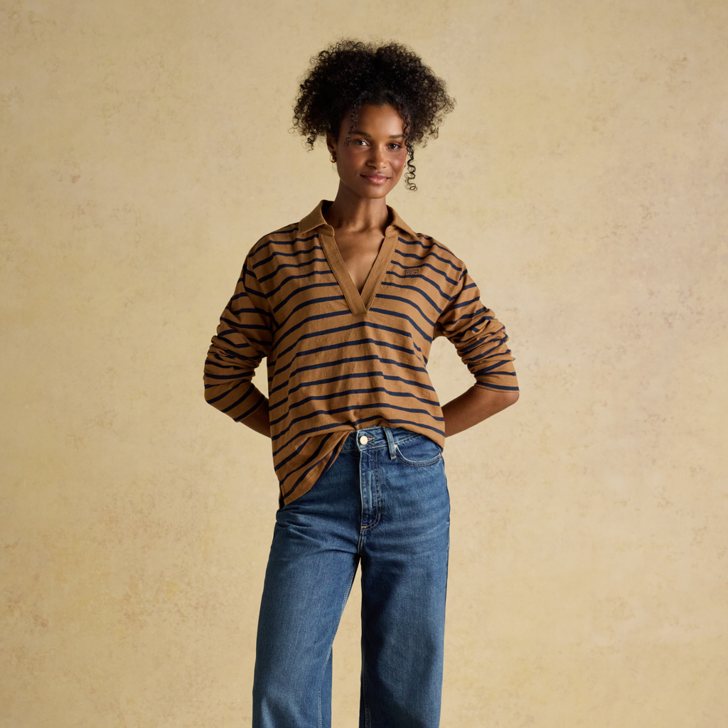 Joules Ladies Tallie Slub Long Sleeved Top - Tan/Navy