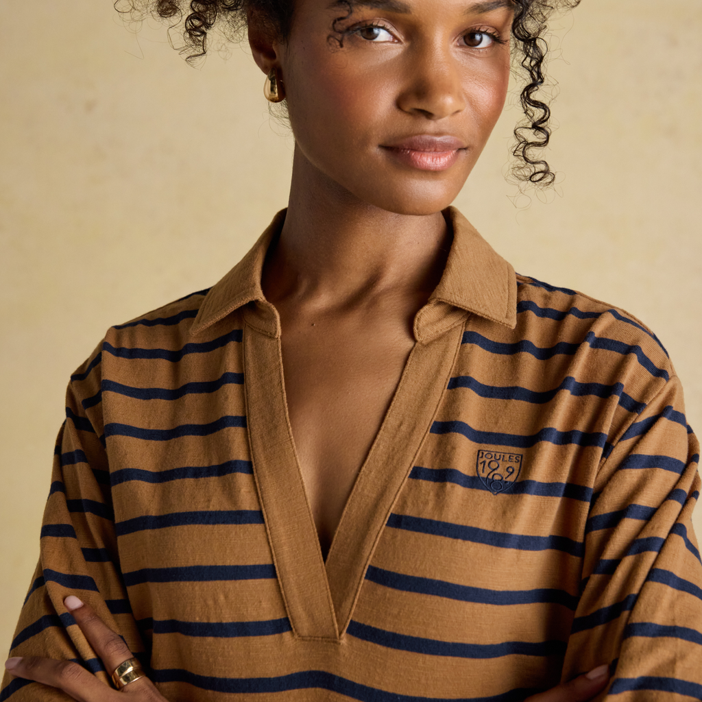Joules Ladies Tallie Slub Long Sleeved Top - Tan/Navy