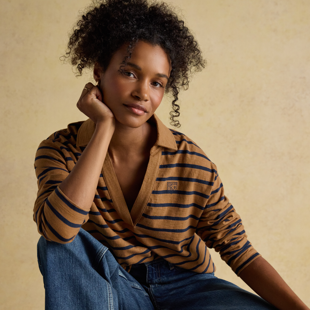 Joules Ladies Tallie Slub Long Sleeved Top - Tan/Navy