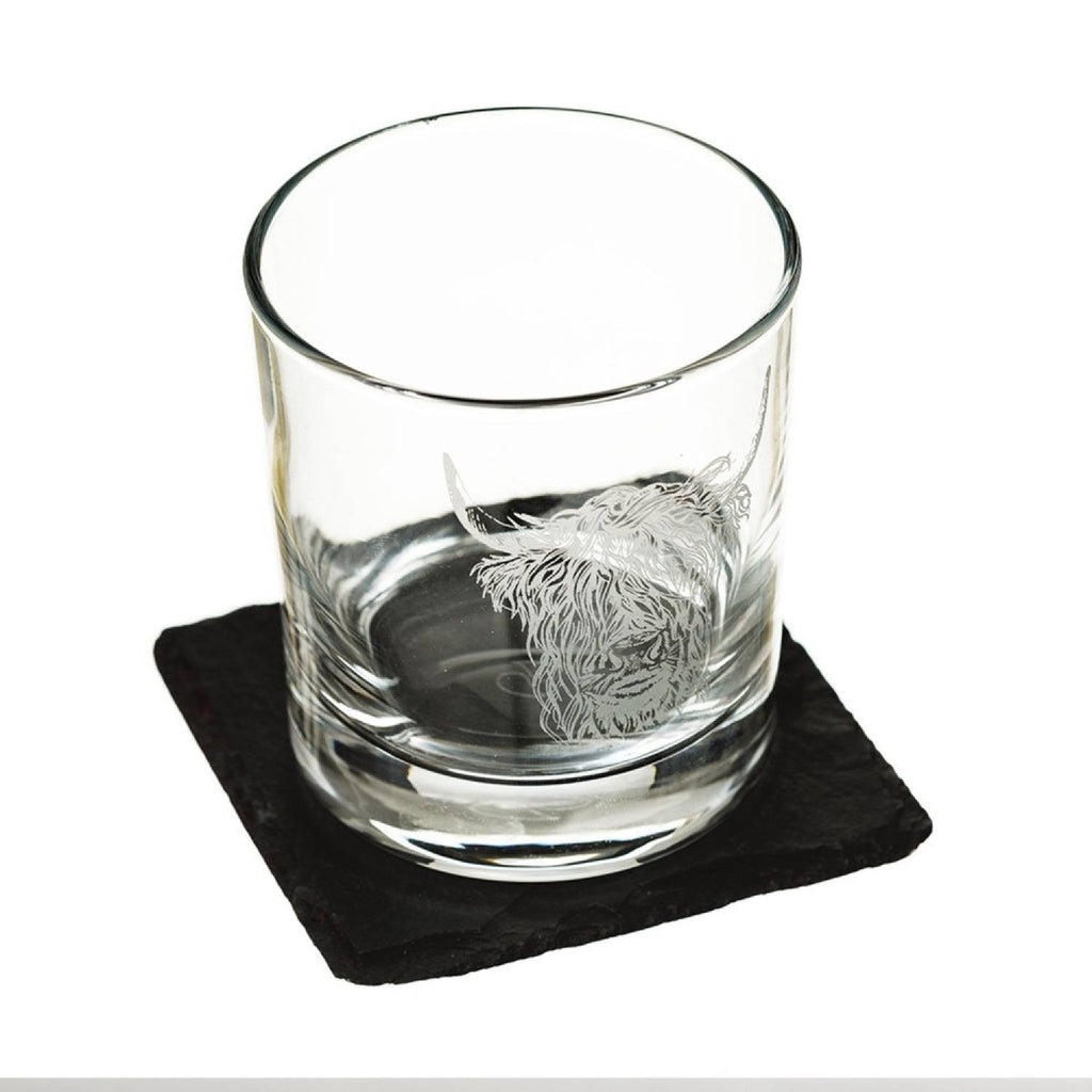 Selbrae House Highland Cow Engraved Glass Tumbler and Slate Coaster Gift Set