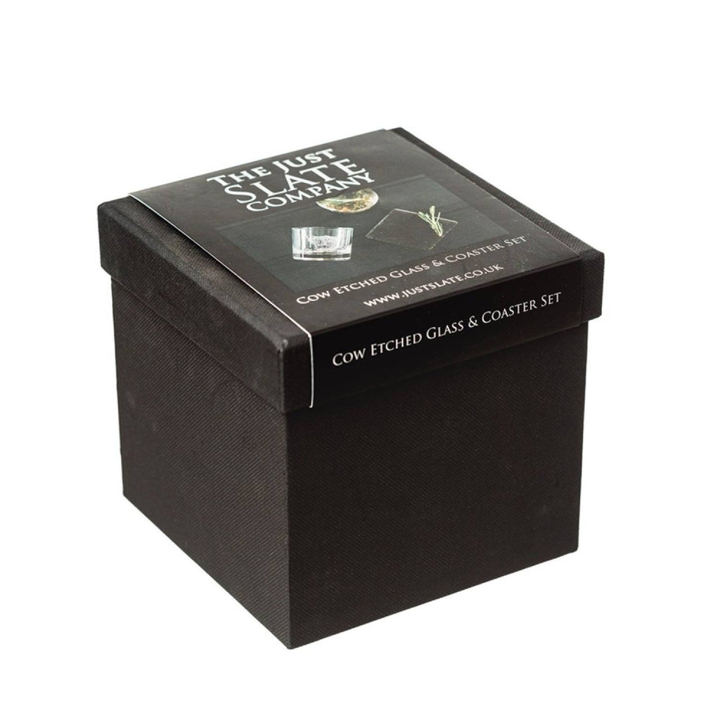 Selbrae House Highland Cow Engraved Glass Tumbler and Slate Coaster Gift Set