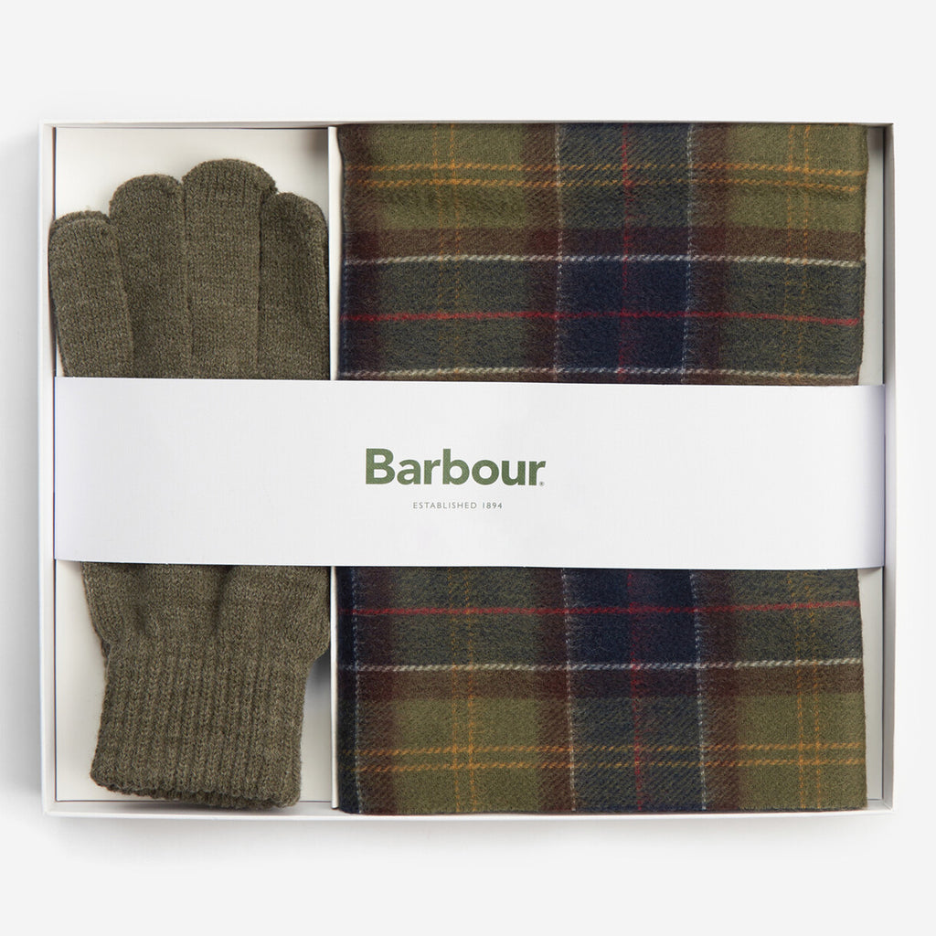 Barbour Mens Tartan Scarf and Glove Gift Set - Classic/Olive