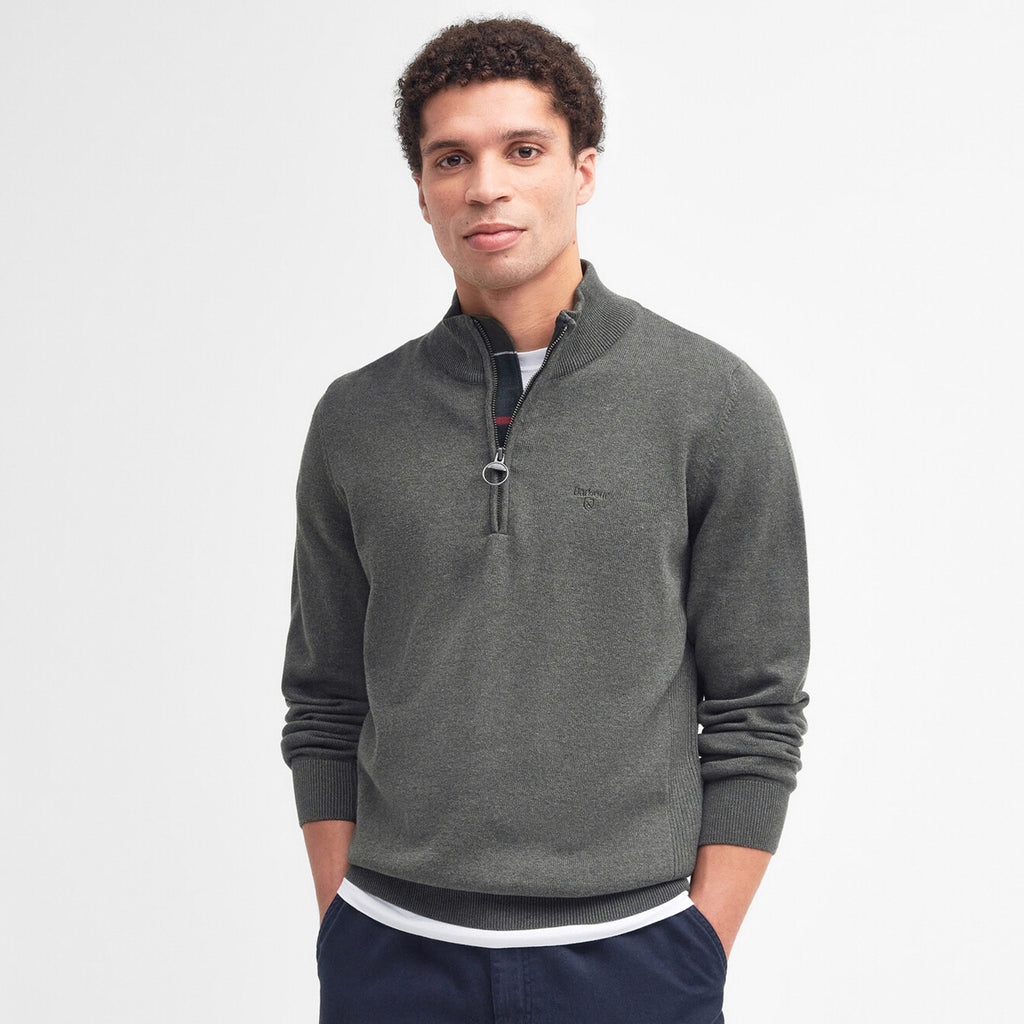 Barbour Mens Cotton 1/2 Zip Knitted Jumper - Olive Marl