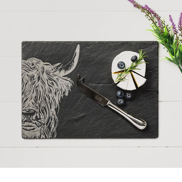 Selbrae House Slate Highland Cow Cheese Board and Knife Gift Set