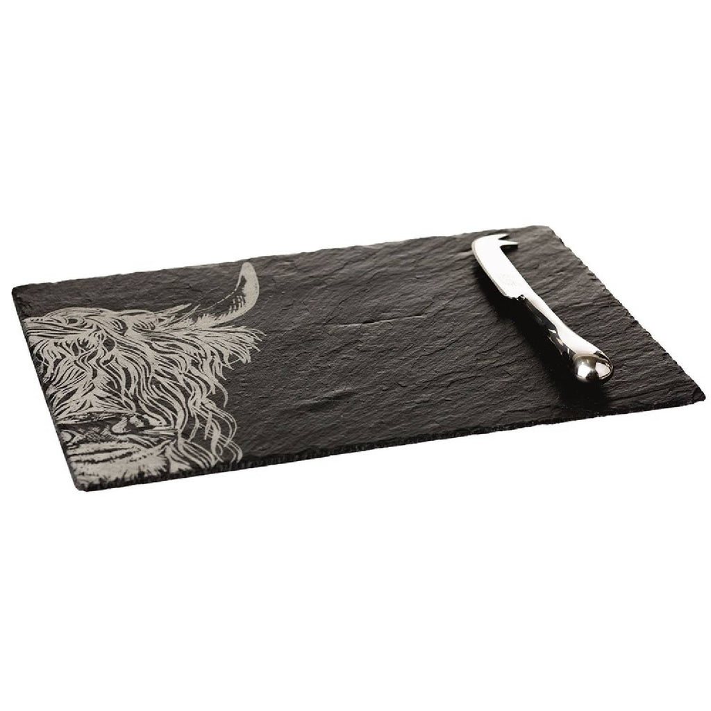 Selbrae House Slate Highland Cow Cheese Board and Knife Gift Set