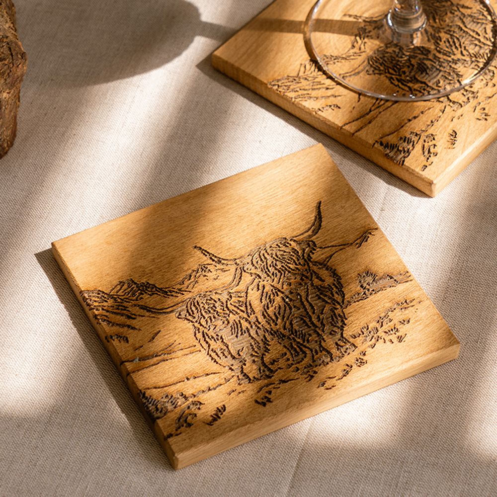 Selbrae House Single Oak Coaster - Scenic Highland Cow