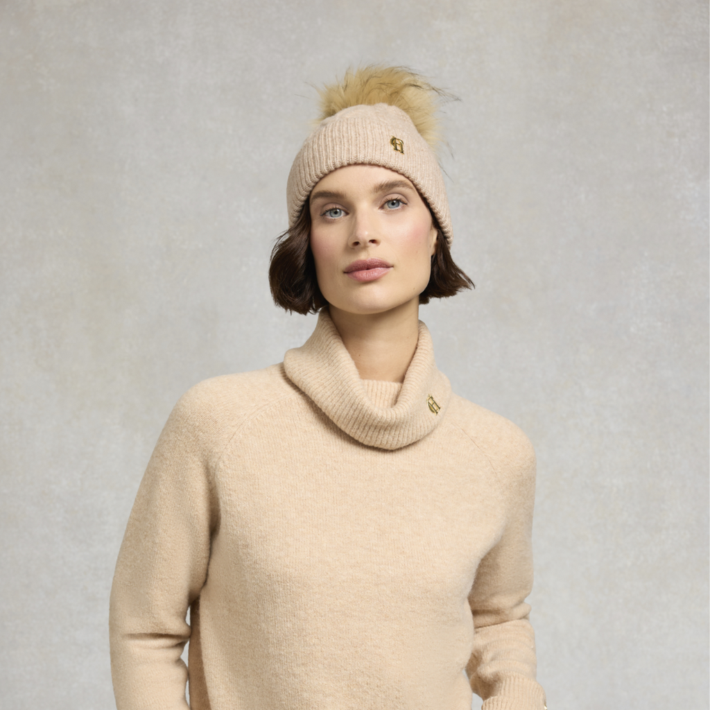 Holland Cooper Sloane Cable Bobble Hat - Taupe Marl
