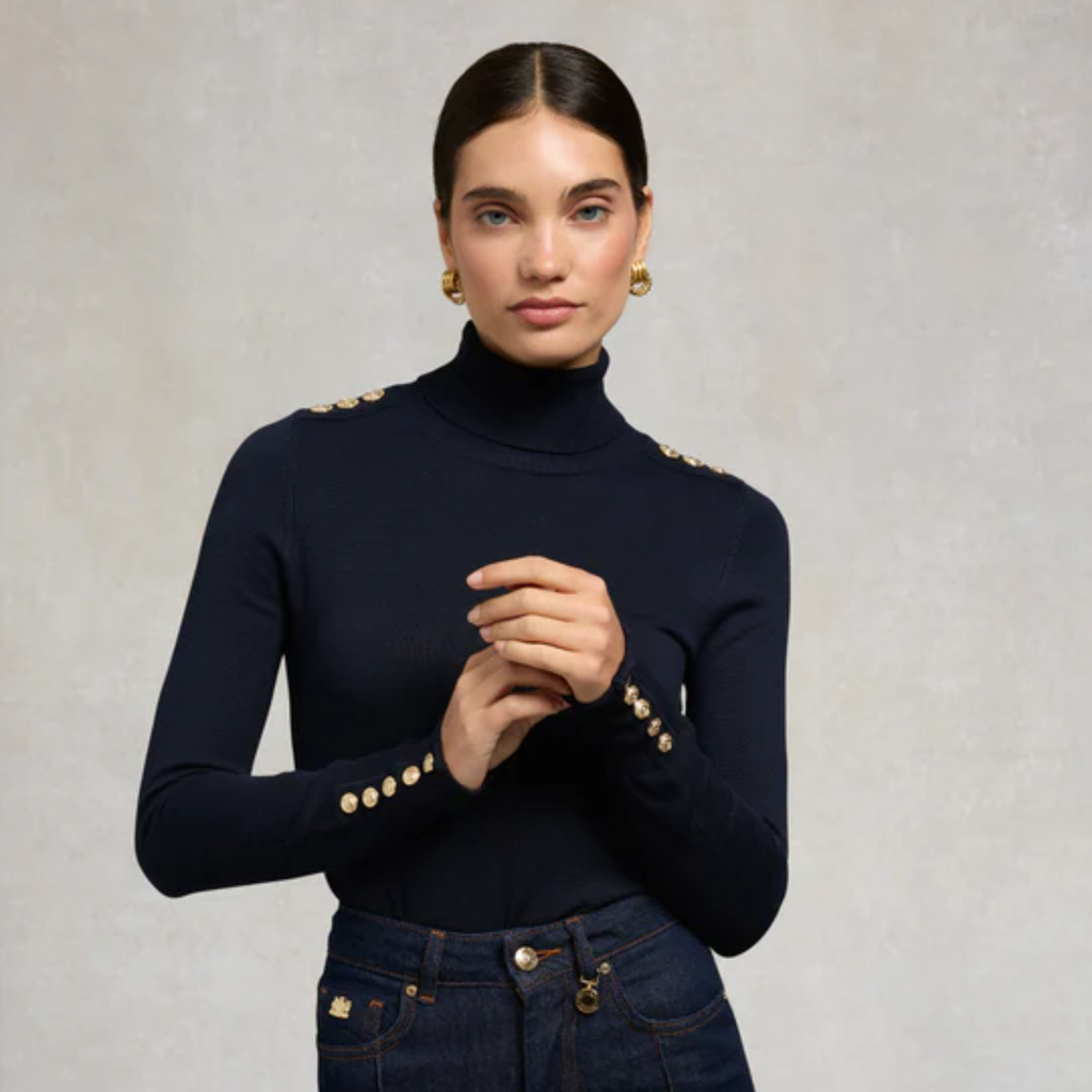 Holland Cooper Buttoned Knit Roll Neck - Ink Navy
