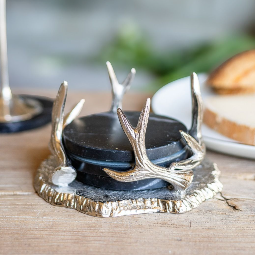 Culinary Concepts Black Marble Coasters with Antler Holder