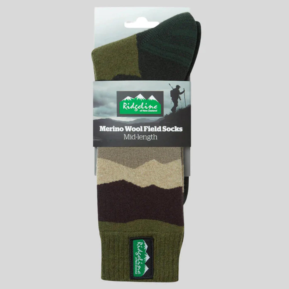 Ridgeline Merino Wool Field Socks Mid Length - Olive Stripes