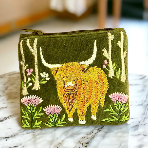 Velvet Coin Purse - Highland Cow with Thistles