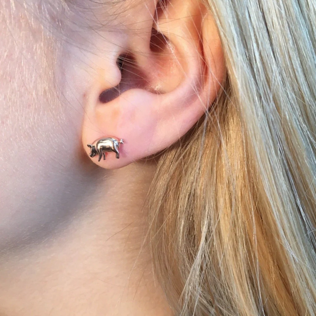 Reeves and Reeves Sterling Silver Pig Stud Earrings - Rose Gold