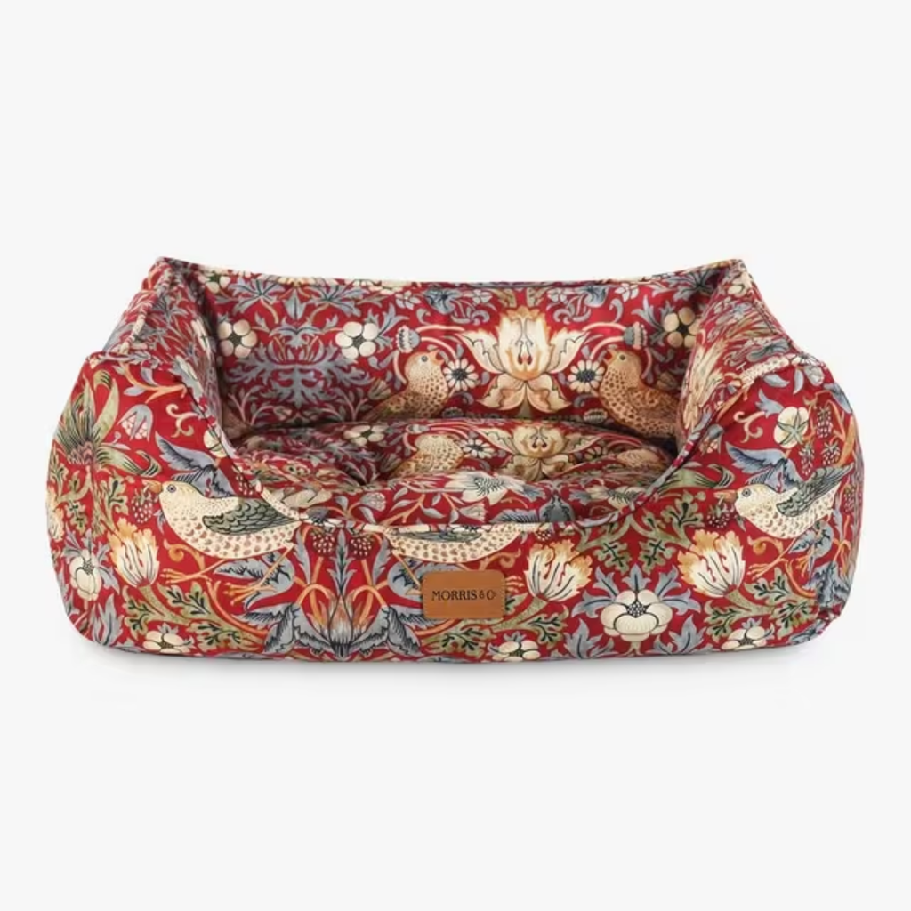 William Morris Strawberry Thief Print Square Bed - Burgundy