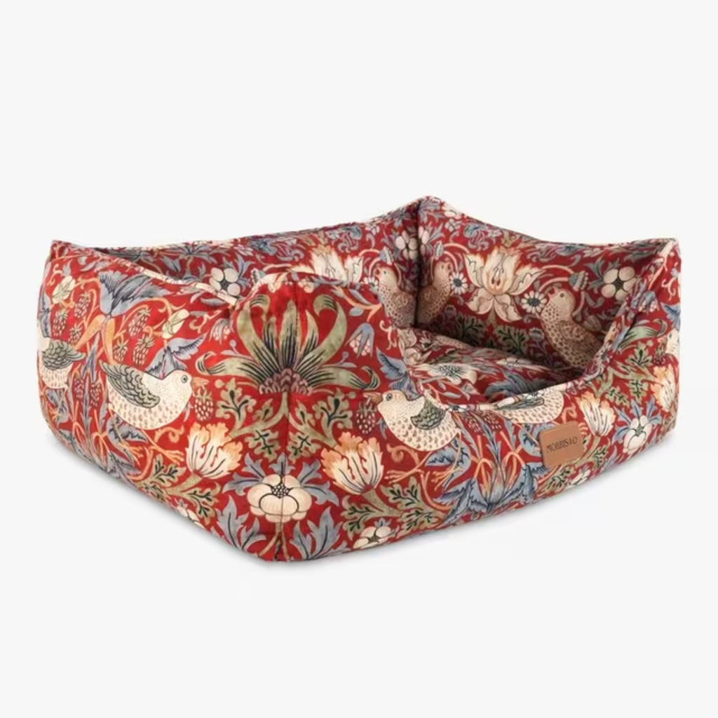 William Morris Strawberry Thief Print Square Bed - Burgundy