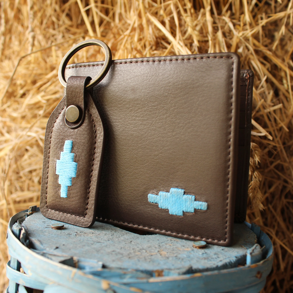 Pampeano Moneda Brown Leather Coin Wallet - Blue Stitch