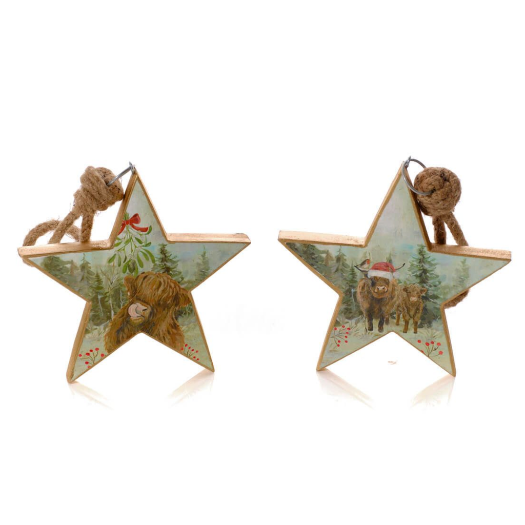 Langs Frosted Highland Cow Wooden Star - Assorted Designs