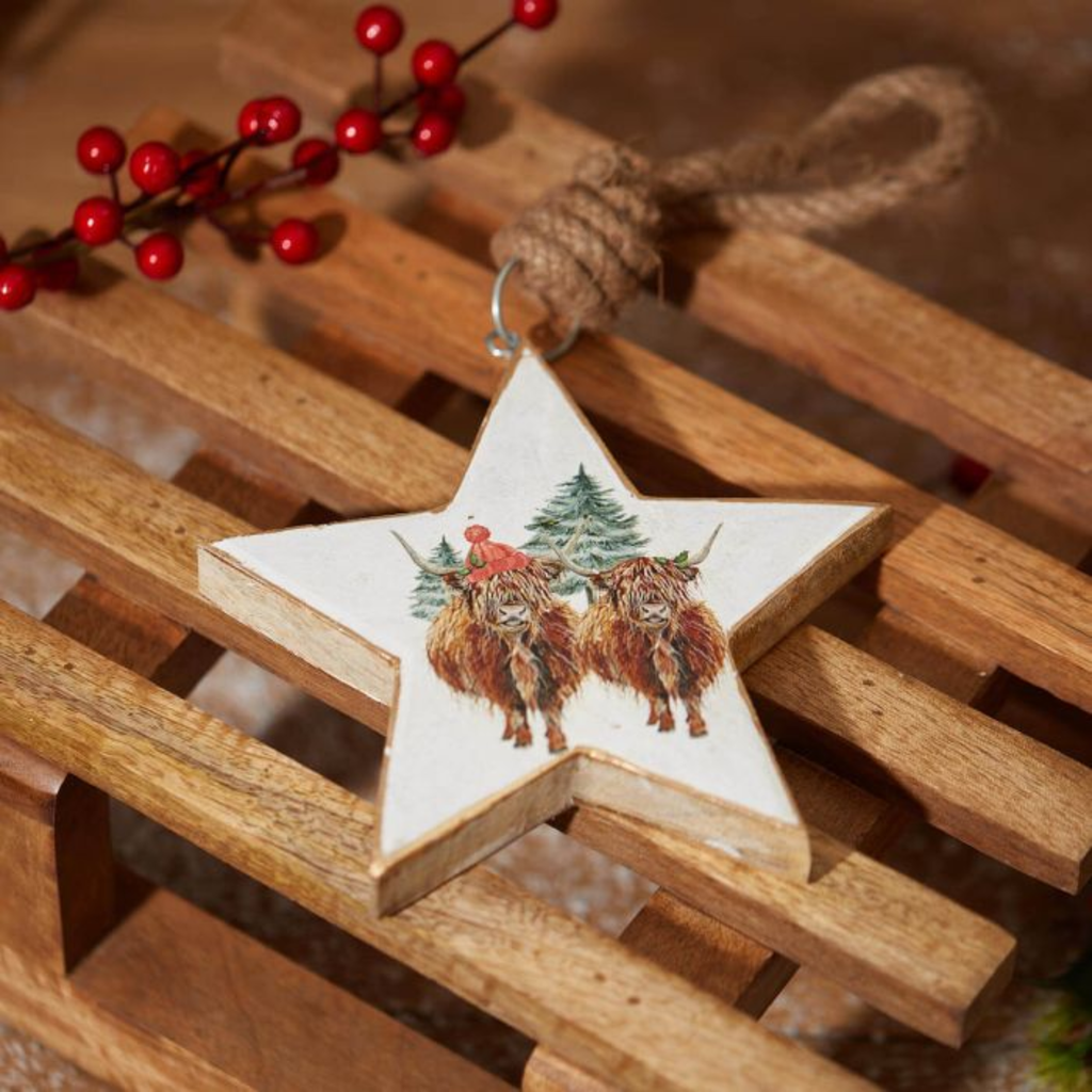 Langs Christmas Mango Wood Highland Cow Star White Hanger with Jute String