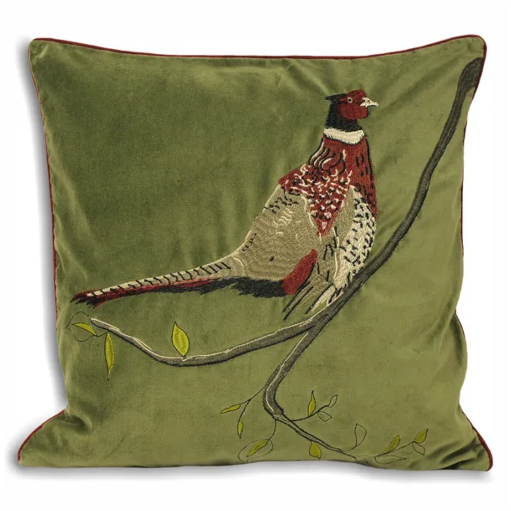 Paoletti Hunter Velvet Pheasant Cushion - Green