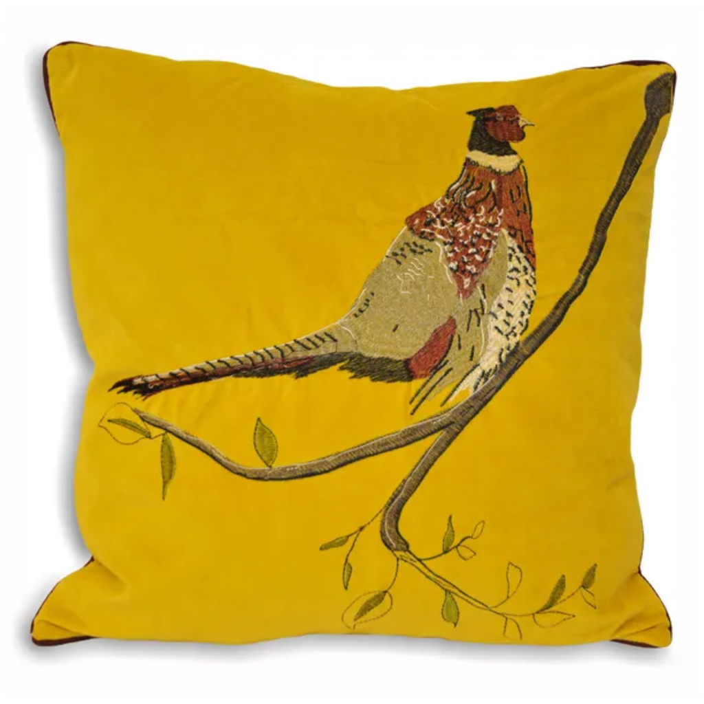 Paoletti Hunter Velvet Pheasant Cushion - Mustard