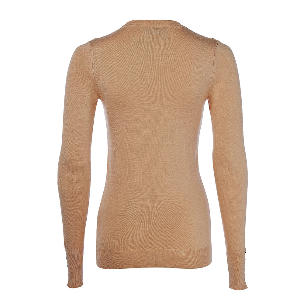 Holland Cooper Ladies Buttoned Knit Crew Neck - Dark Camel