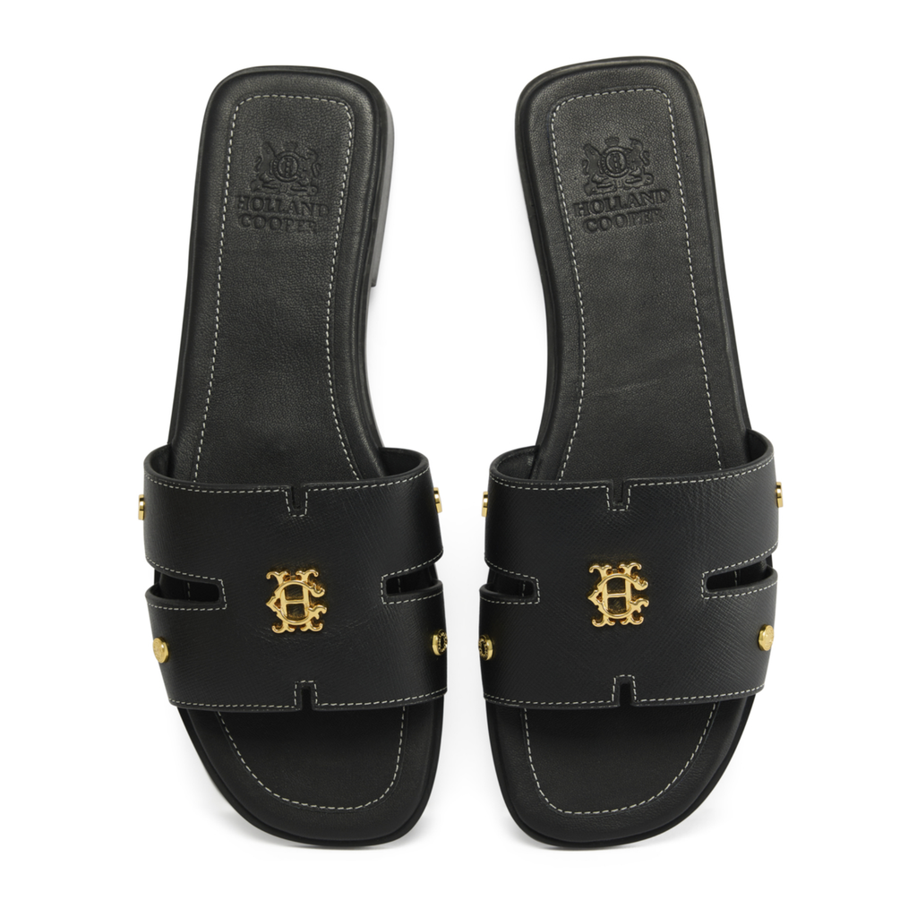 Holland Cooper Ladies Heraldic Monogram Slides - Black Saffiano