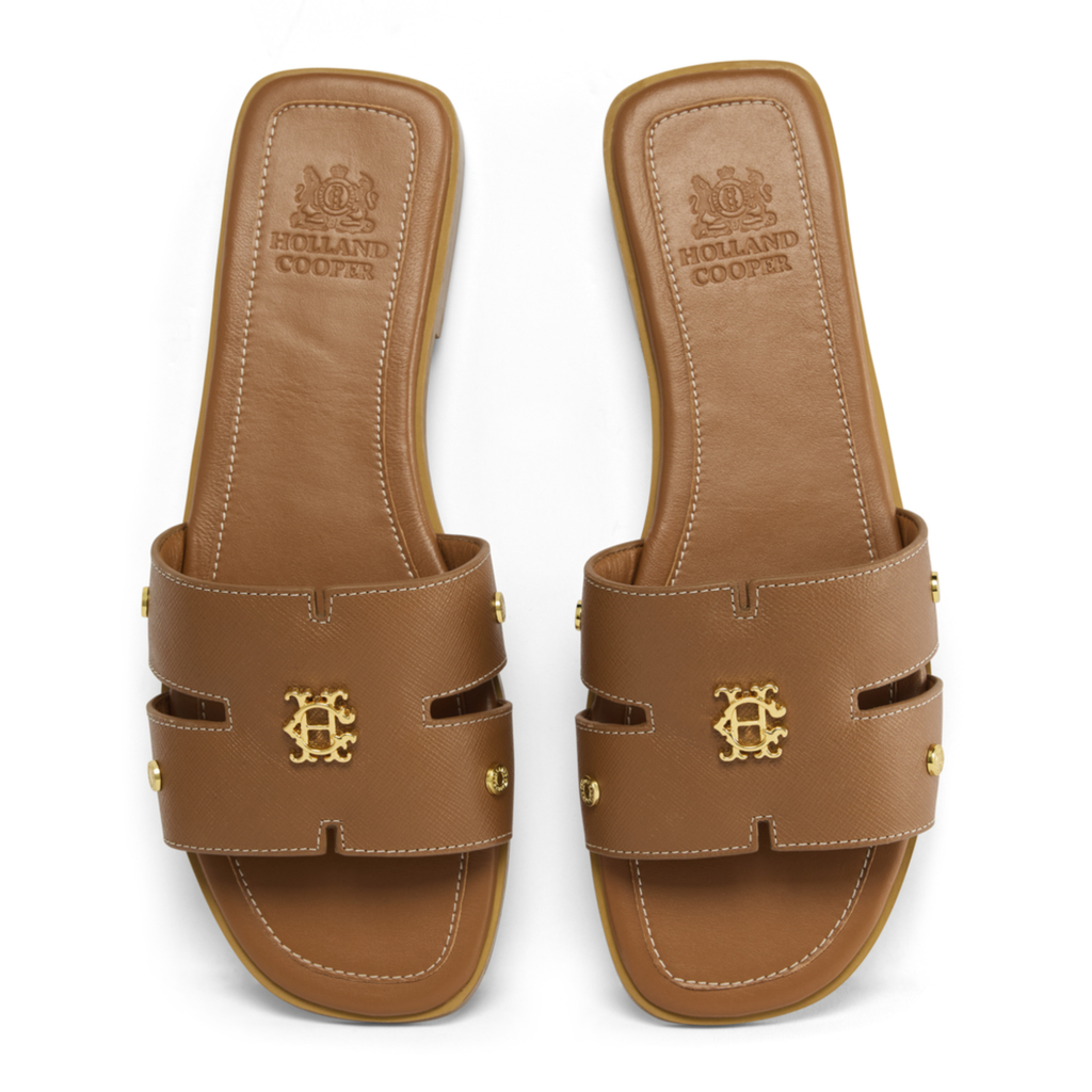 Holland Cooper Ladies Heraldic Monogram Slides - Tan Saffiano