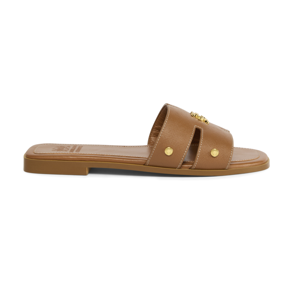 Holland Cooper Ladies Heraldic Monogram Slides - Tan Saffiano