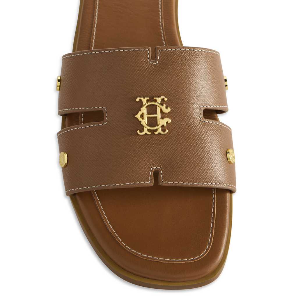 Holland Cooper Ladies Heraldic Monogram Slides - Tan Saffiano