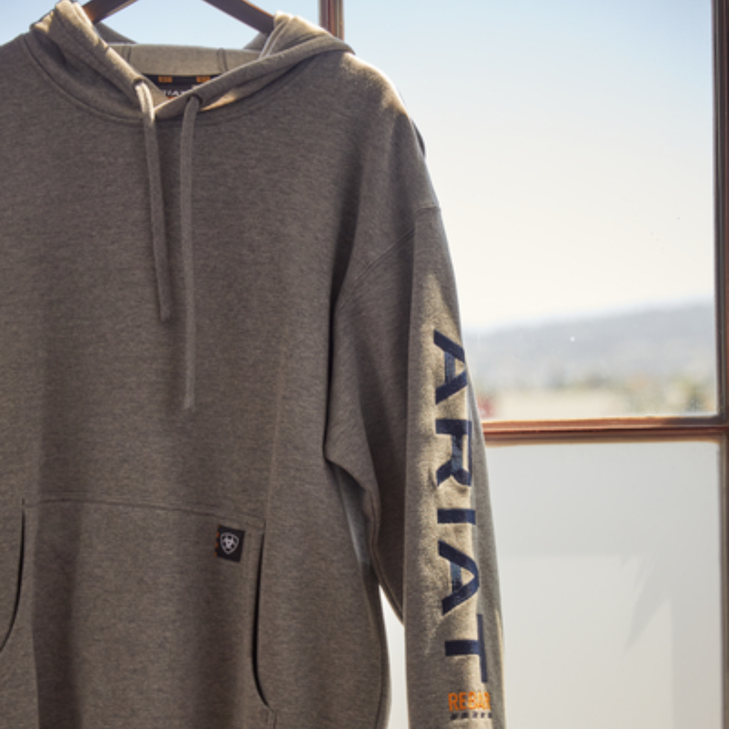 Ariat Mens Rebar Workman Graphic Hoodie - Heather Grey/Deep Ultramarine