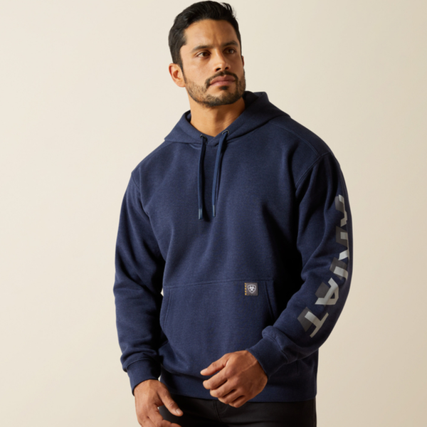 Ariat Mens Rebar Lightweight Logo Hoodie - Navy Heather/Alloy